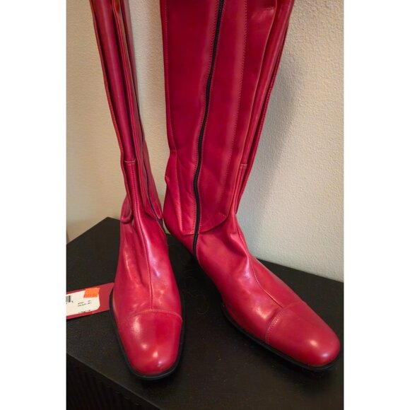 Hugo Boss NOS 1990s Red Leather Knee-High Boots Paula DM 37 Made in Italy - Picture 12 of 14